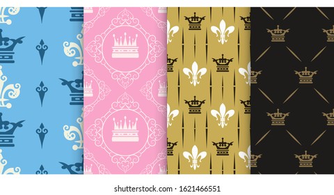 Colorful retro patterns. Set of seamless vector patterns with royal crowns in vintage style. 4 patterns for your design. Vector graphics