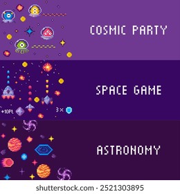 Colorful retro pixel art showcases vibrant space creatures, rocket ships, galaxies, and planets. Ideal for sci-fi themes, video games, space exploration, cosmic party decorations, and astronomy