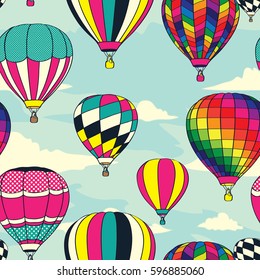 Colorful Retro Pop Hot Air Balloons Seamless Pattern. Background Wallpaper