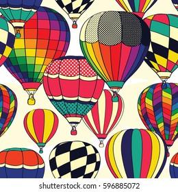 Colorful Retro Pop Hot Air Balloons Seamless Pattern. Background Wallpaper