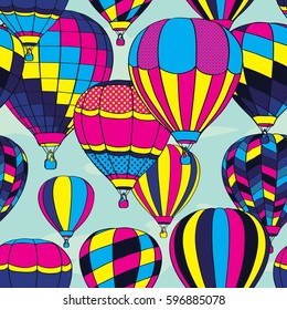 Colorful Retro Pop Hot Air Balloons Seamless Pattern. Background Wallpaper