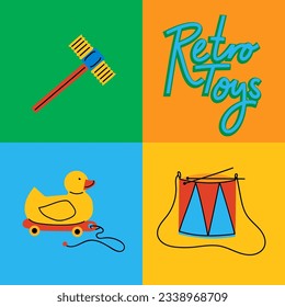 Colorful retro poster with hammer, yellow duck and drum for children. Vector illustrations for create unique t-shirt, cup or bag design, house poster, wallpaper, textiles, apparel or postcards. 