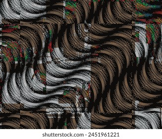 Colorful retro psychedelic background. Monochrome background. Optical illusion style. Black dark background. Modern pattern. Abstract graphic texture. Graphic ornament. Vector template