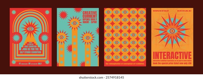 Colorful retro psychedelic posters with abstract designs, featuring eye motifs and geometric patterns. Bold, vibrant colors create a dynamic, eye-catching. Psychedelic retro poster template vectors.