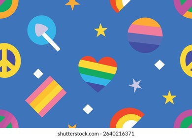 Colorful retro psychedelic seamless pattern with rainbow heart peace sign and stars on blue backdrop