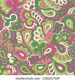 Colorful Retro Psychedelic Swirls and Paisleys Vector Seamless Pattern. Nostalgic Vintage Print. Summer Groovy Textile Design. FlowerPower Hippie Background