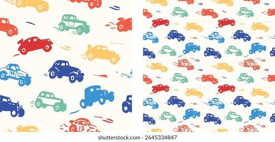 Colorful Retro Race Cars Seamless Pattern Cute Boys Car Illustration Vector Background