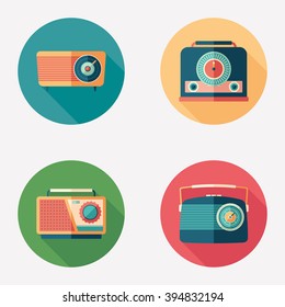 Colorful retro radio flat round icon set.
