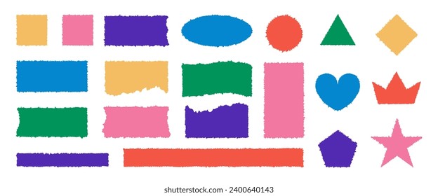 Colorful retro rectangles, shapes of torn paper. Grunge sheets with jagged edges for collages, stickers, banner, textbox. Vector
