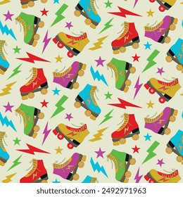 Colorful Retro Roller skates seamless pattern with lightening bolts and stars on white background. For kids fabric, textile , wrapping paper and retro backgrounds 