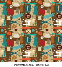 Colorful retro seamless pattern background with sewing and tailoring symbols