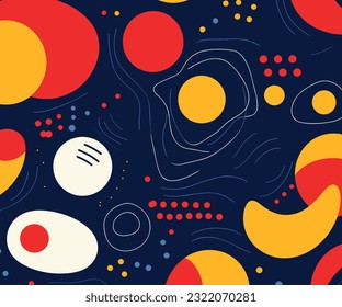 colorful retro seamless pattern featuring the classic symbols of the m90, in the style of tracey adams, dark navy and crimson, abstraction-création, animated gifs, playful shapes, playful doodles, lig