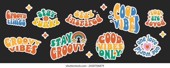 Colorful retro set of inspirational lettering quotes in groovy style 60s, 70s. Colorful lettering in vintage style. Modern vector design for posters, t-shirt, cards and stickers