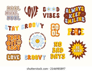 Colorful Retro Set Of Inspirational Quotes And Doodles In Style 60s, 70s. Modern Vector Design  For Posters, T - Shirt, Cards And Stickers.