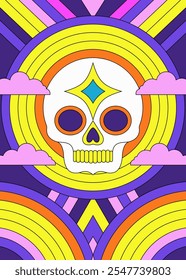 Colorful Retro Skull with Psychedelic and Vibrant Geometric Design