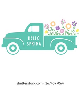 Colorful Retro Spring Flower Truck Illustration  on White