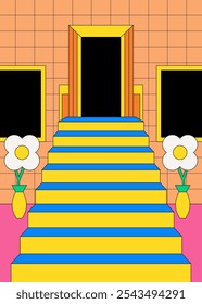 Farbenfrohe Retro-Treppe zu mystischer Tür mit Blumendekor