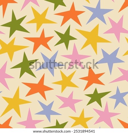 Colorful retro star seamless pattern illustration. Fun hand drawn doodle celebration background print. Children birthday event, holiday backdrop texture, vintage party design.	