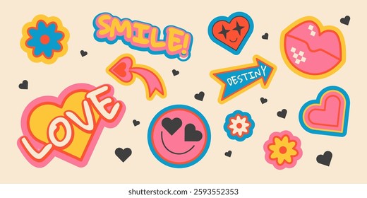 Colorful retro sticker set with fun cartoon designs - vintage heart shapes, smiling emoticons, flower patterns, destiny arrow, love word and smile text with borders. Small scattered black icons.