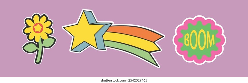 Colorful Retro Sticker Vector Set with Flower, Shooting Star, and Boom Text for Fun and Playful Vintage-Inspired Designs

