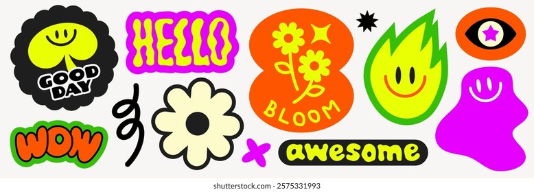 Colorful retro stickers with phrases like 'Good Day', 'Hello', 'Wow', 'Awesome', and 'Bloom' Bright designs with flowers and smiley faces Funky stickers, vector set