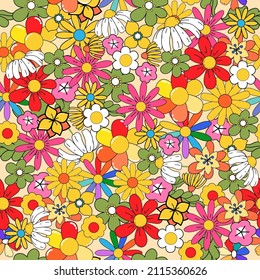 Colorful retro style 70s floral seamless pattern. Perfect for t-shirt design, wallpaper, fabric, cards