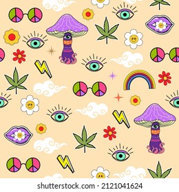 Colorful retro style 70s floral, mushrooms and hippie items seamless pattern. Perfect for t-shirt design, wallpaper, fabric, cards