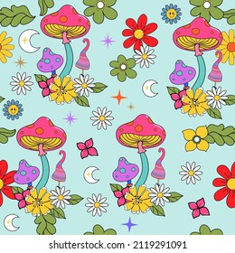 Colorful retro style 70s-90s floral, mushrooms and moon seamless pattern. Perfect for t-shirt design, wallpaper, fabric, cards