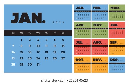 Colorful retro style monthly calendar template for 2024 year. English calendar. Week starts on Sunday. Set of 12 months. Simple design with big letters, typographic elements. Square composition