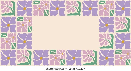 Colorful retro style rectangular frame featuring lavender flowers. Vintage style hippie clipart element design collection. Hand drawn nature collage, summer blank template with flowers.