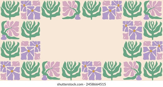 Colorful retro style rectangular frame featuring lavender flowers and leaves. Vintage style hippie clipart element design collection. Hand drawn nature collage, summer blank template with flowers.