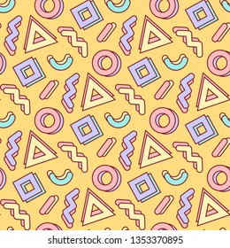 Colorful, retro style seamless pattern of bright, stylized geometric shapes.