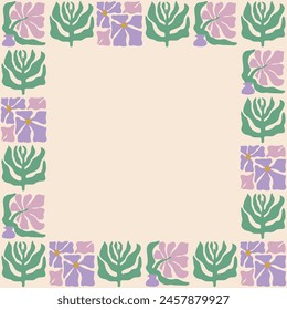 Colorful retro style square frame featuring lavender flowers. Vintage style hippie clipart element design collection. Hand drawn nature collage, summer blank template with flowers.