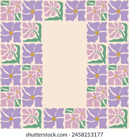 Colorful retro style square frame featuring lavender flowers and buds. Vintage style hippie clipart element design collection. Hand drawn nature collage, summer blank template with flowers.