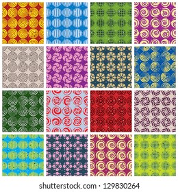 Colorful retro style tiles seamless patterns set, vector backgrounds, collection of 16 examples.