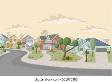 Colorful Retro Suburb Neighborhood. Cartoon City.