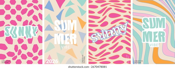 Colorful retro summer abstract vector background set with wavy lines, geometric shapes, psychedelic pattern, trendy design