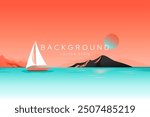 Colorful retro summer beach gradient background with sailboat, vector design  