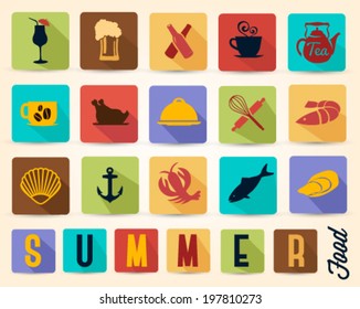 Colorful Retro Summer Food and Drinks Icons with Long Flat Shadow