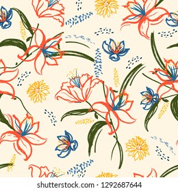 Colorful retro summer lily and blooming flowers seamless pattern in vector hand brushed watercolor ,Hand painting design for fashion,fabric,wallpaper,web and all prints on vintage light beige