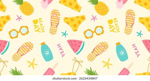Colorful retro summer vibe seamless pattern. Watermelons, pineapples, popsicles and sunny text on pastel background. Perfect for fabric, wrapping paper or party designs