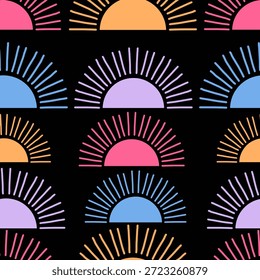 Colorful retro sun seamless pattern on black background. Modern hand drawn geometric sunburst seamless wallpaper