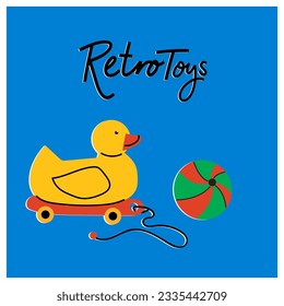 Colorful retro toy for children with yellow duck and ball. Vector illustrations for create unique t-shirt, cup or bag design, house poster, wallpaper, textiles, apparel or postcards. EPS 10