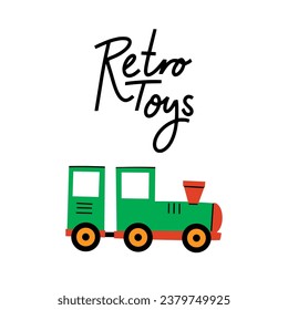 Colorful retro toy Locomotive for children. Vector illustrations for create unique t-shirt, cup or bag design, house poster, wallpaper, textiles, apparel or postcards. EPS 10