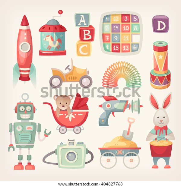 Colorful\
retro toys from the 60 th in vintage\
colors.