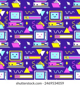 Interfaz de usuario retro colorido, patrón sin fisuras. Divertido viejo ordenador y navegador. Fondo de la nostalgia de la PC con Elementos de la interfaz de usuario, iconos de la computadora. Ilustración vectorial lúdica.