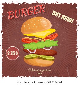 Colorful retro vintage cartoon poster of fast food menu hamburger vector