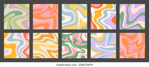 Colorful retro wavy background collection. Set of trendy distorted pastel square texture in vintage y2k style. Psychedelic hippie pattern, liquid swirl poster bundle.