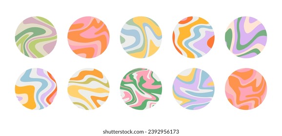 Colorful retro wavy circle background collection. Set of trendy distorted pastel square icon in vintage y2k style. Psychedelic hippie pattern, liquid swirl poster bundle.