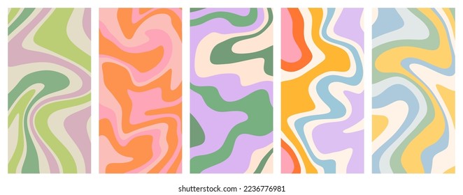 Colorful retro wavy phone background collection. Set of trendy distorted pastel square texture in vintage y2k style. Psychedelic hippie social media template, liquid swirl story cover bundle.